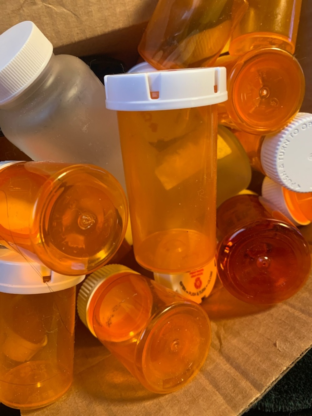 Lot of Amber Prescription Pill Bottles with White Caps